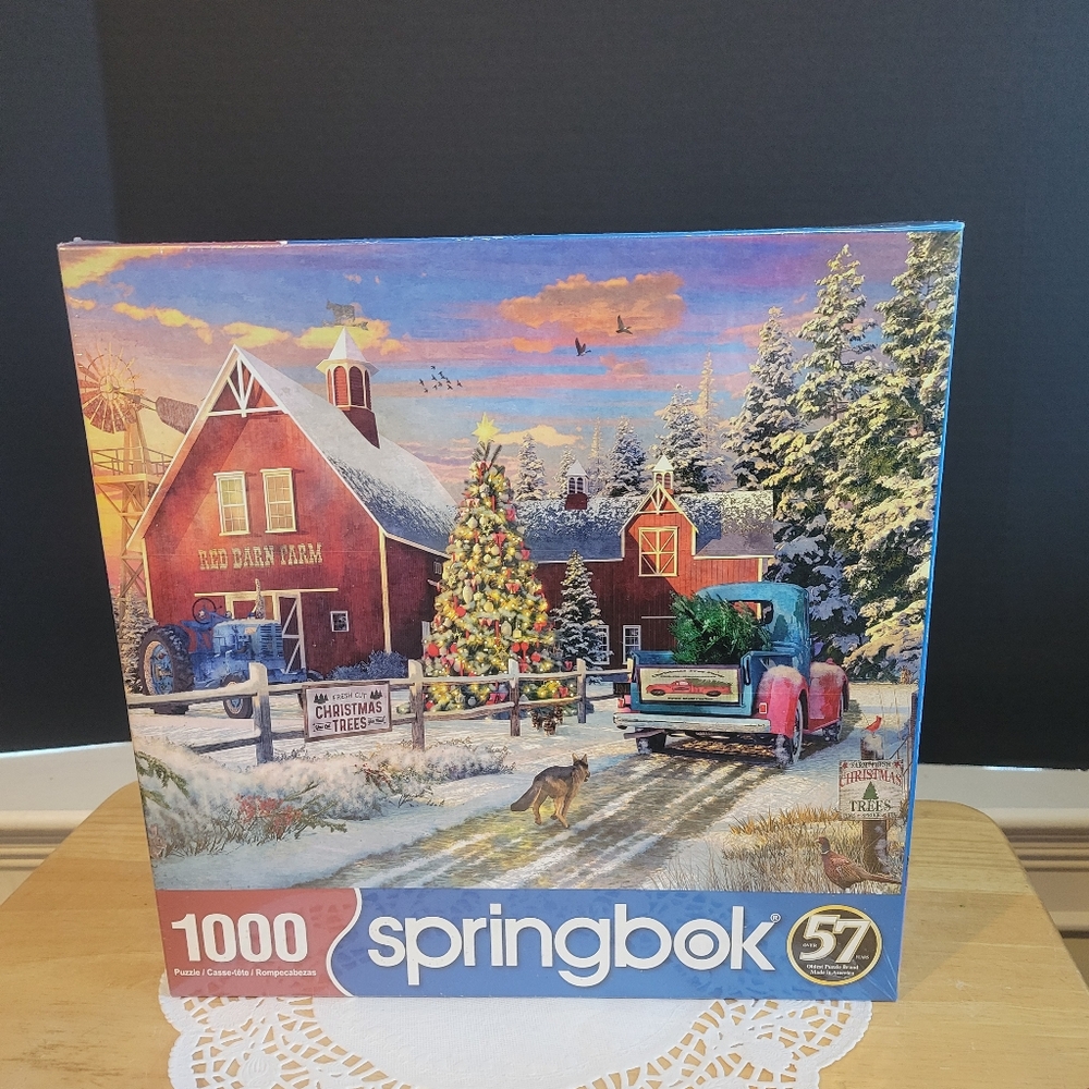 Factory Sealed Springbok 1000 Piece Puzzle - Red Barn Farm Christmas Scene